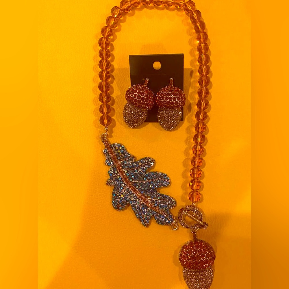 Elegant Acorn and Leaf Jewelry Set - Orange and Blue